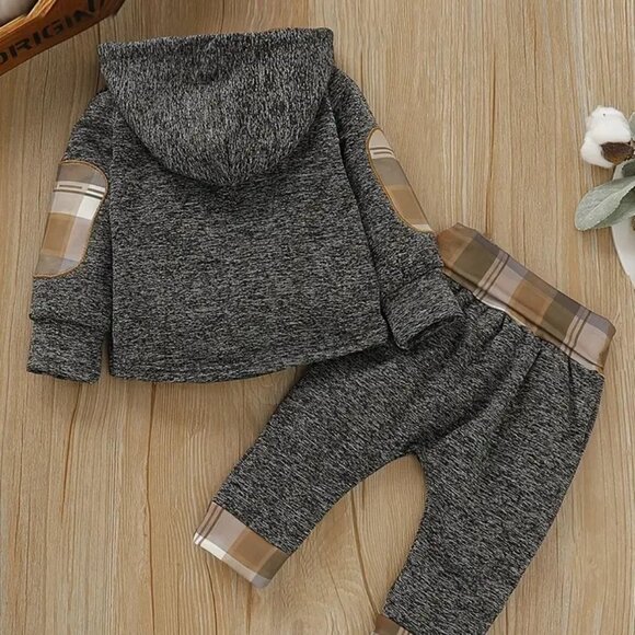 NWOT 2pcs Baby Boys Plaid Printed Hoodies Winter Sweatshirt & Contrast Trim Sets - Picture 2 of 2
